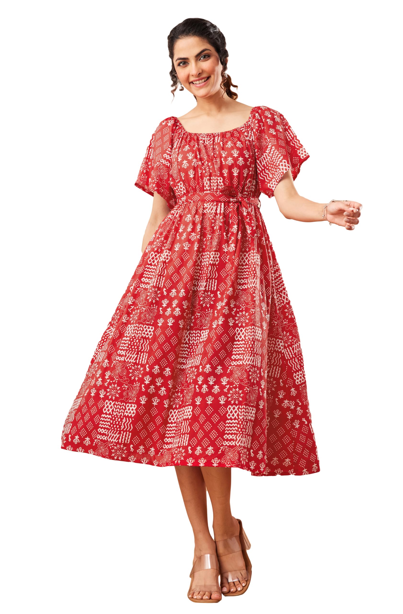 Women's Red Pure Cotton Geometric Printed A-Line Dress-image-3