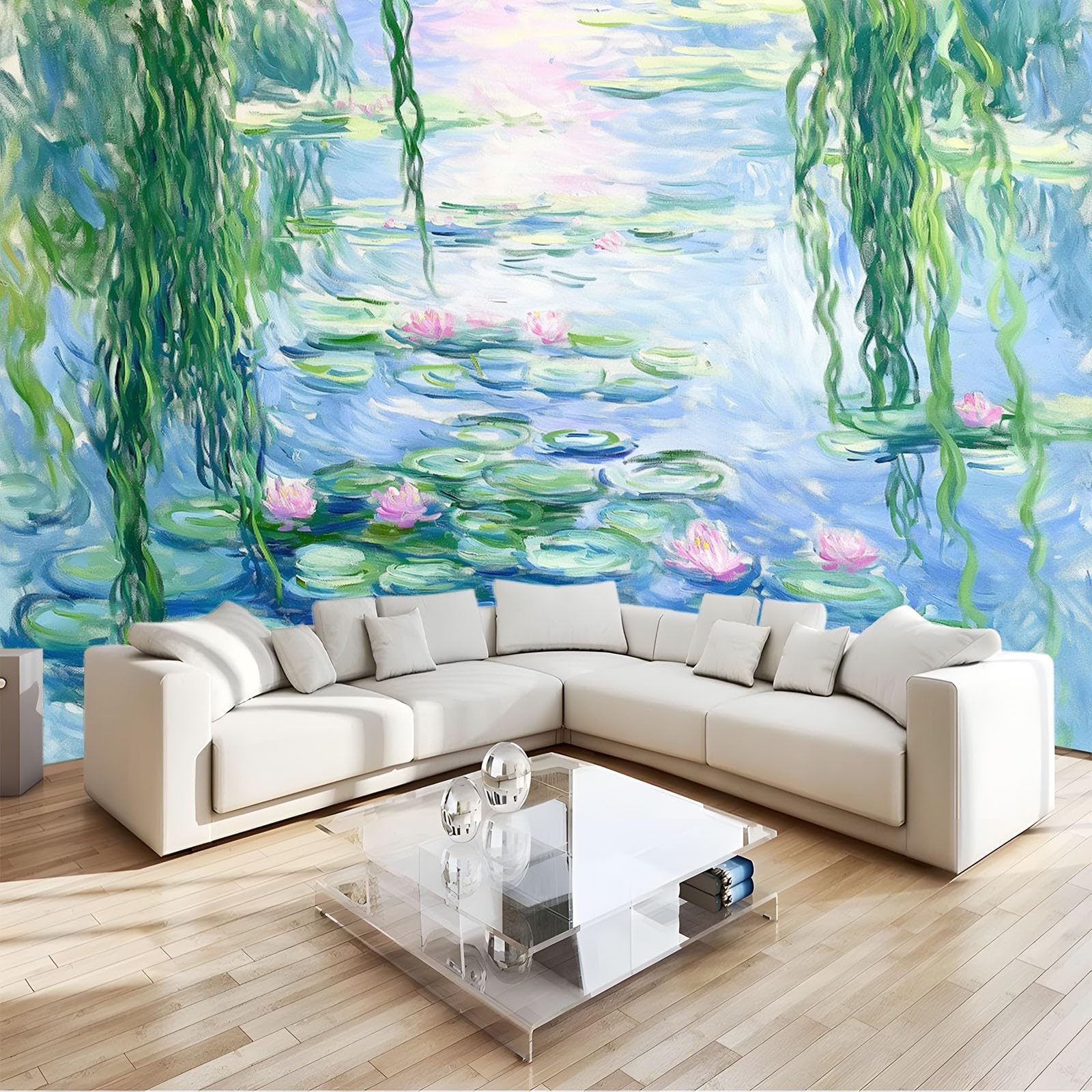 Papier peint 3D nénuphars bleu 400x280 cm pour masquer les défauts