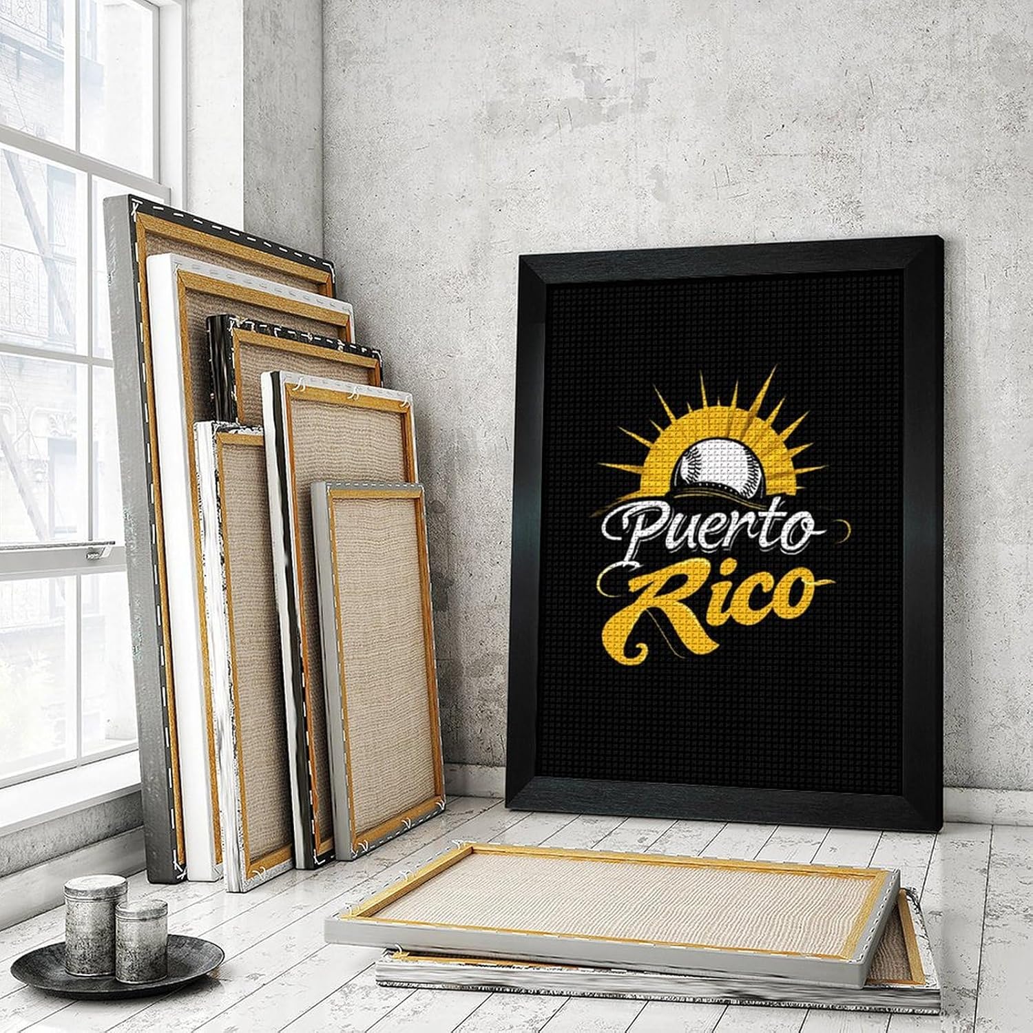 PR State Baseball Sunrise Diamond 5D Painting Kits with Frame DIY Full Round Drill Gem Art Crafts for Home Wall Decor 16 X 20in Blackwood 40 * 50cm