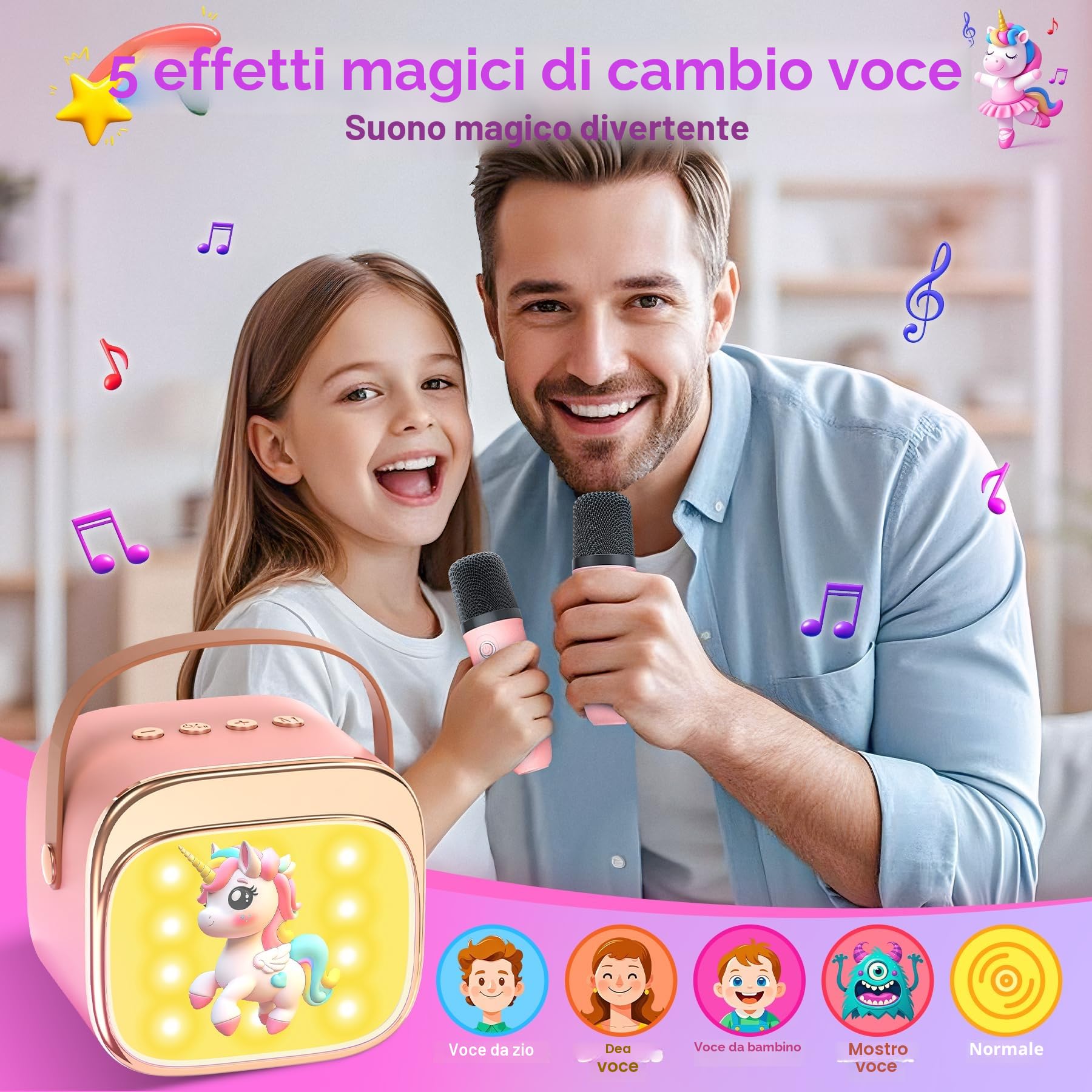 Karaoke con 2 Microfoni Bambini Macchina Musicale LED Regalo Bambine 3-12 Anni Unicorno