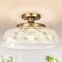 Vista 13 de Lámpara de Techo Semiempotrada, Accesorio de Iluminación de Techo Dorado Grande de 12 Pulgadas, 3 Luces con Globo de Vidrio Estilo Casa de Campo