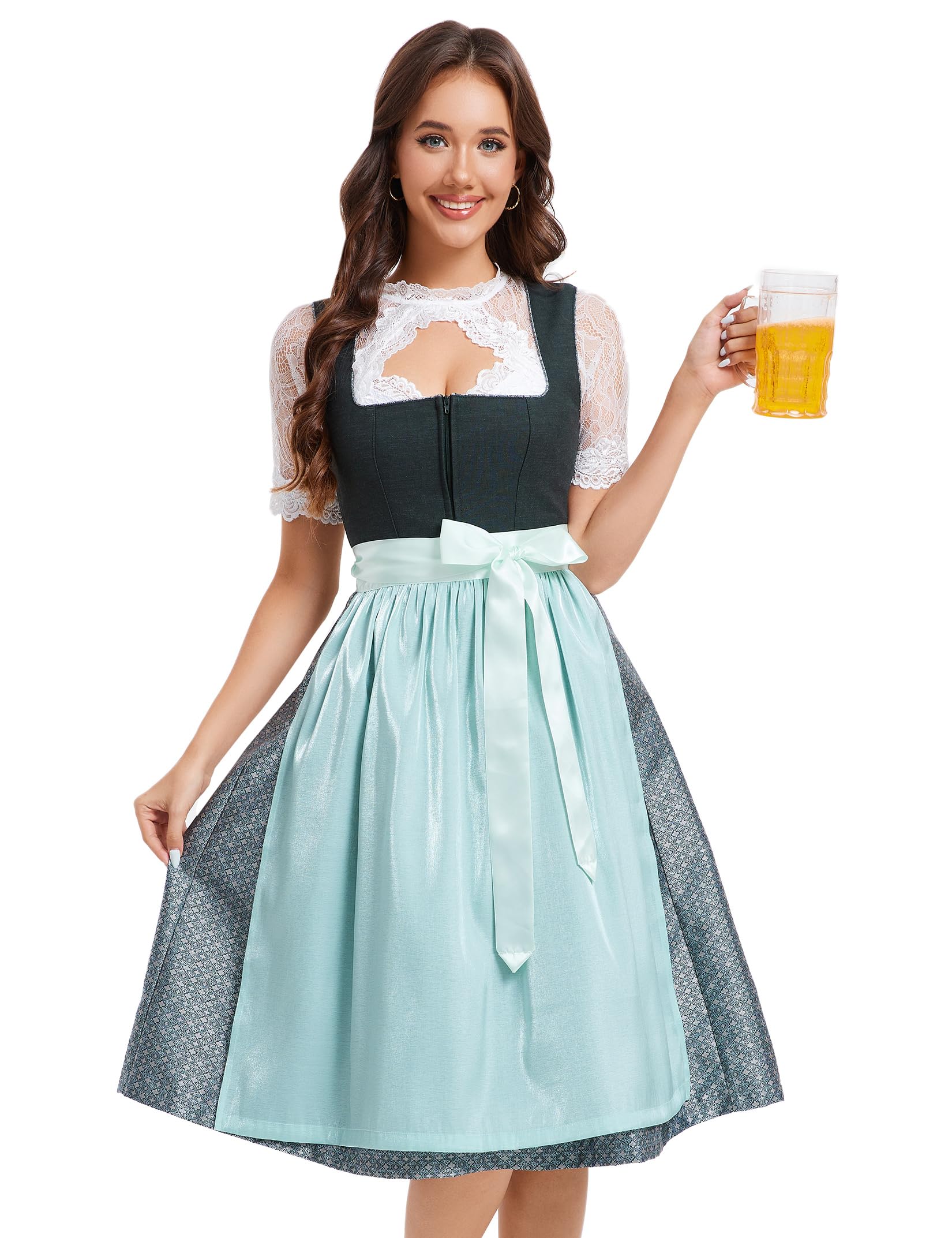 YesFashion Dirndl Damen Midi Trachtenkleid Jacquar Trachtenmode Dirndlkleid inkl. Dirndlbluse Dirndlschürze 3 teilig für Oktoberfest Besondere Anlässe