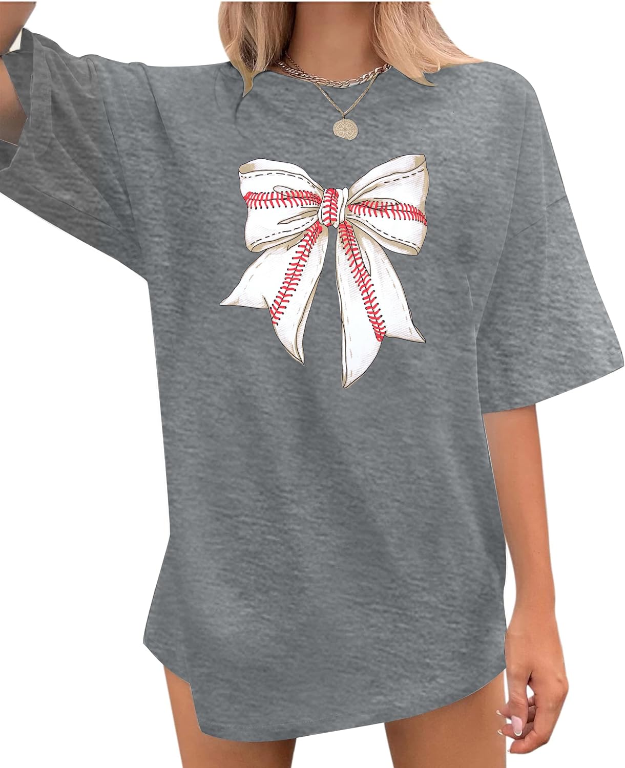 Baseball Shirt Women Oversized Baseball Mom Shirts Baseball Bow Graphic Tshirt Game Day Baseball Fan Gifts Short Sleeve Tops
