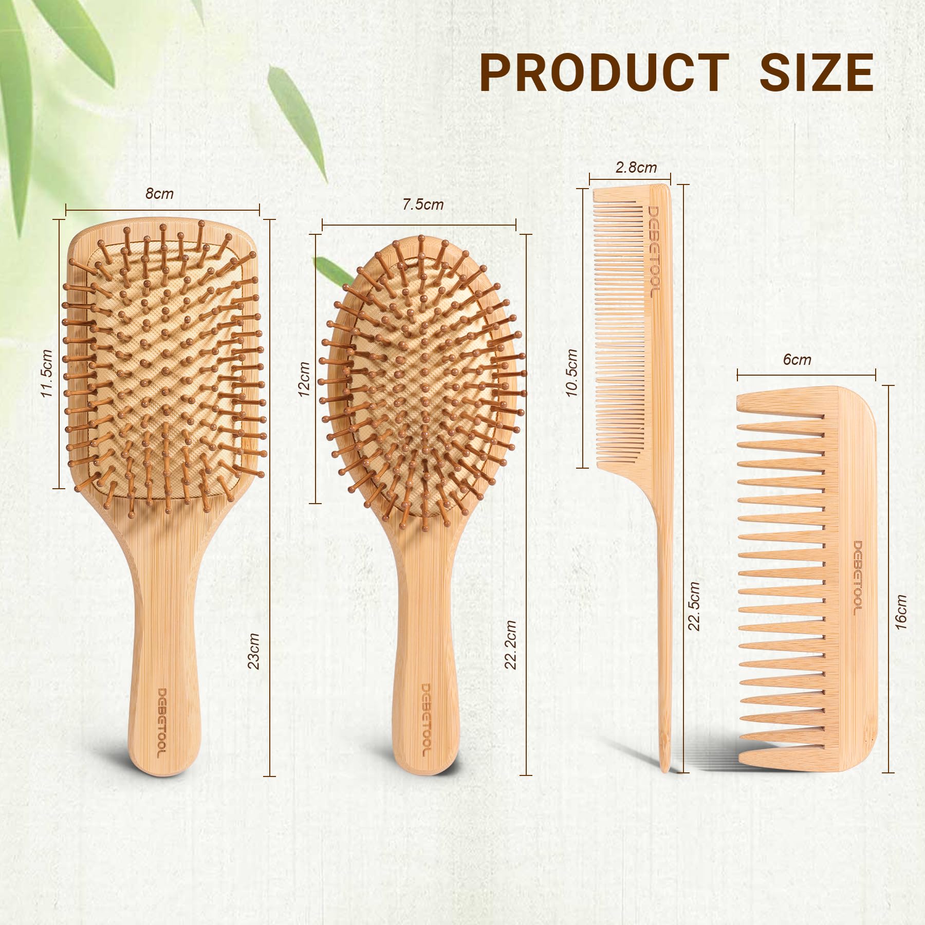 DEBETOOL Juego de cepillo y peine de bambú, cepillo de madera natural y bambú para el crecimiento del cabello con peine de cola de dientes anchos, diseño ergonómico para cabello grueso, fino, rizado,