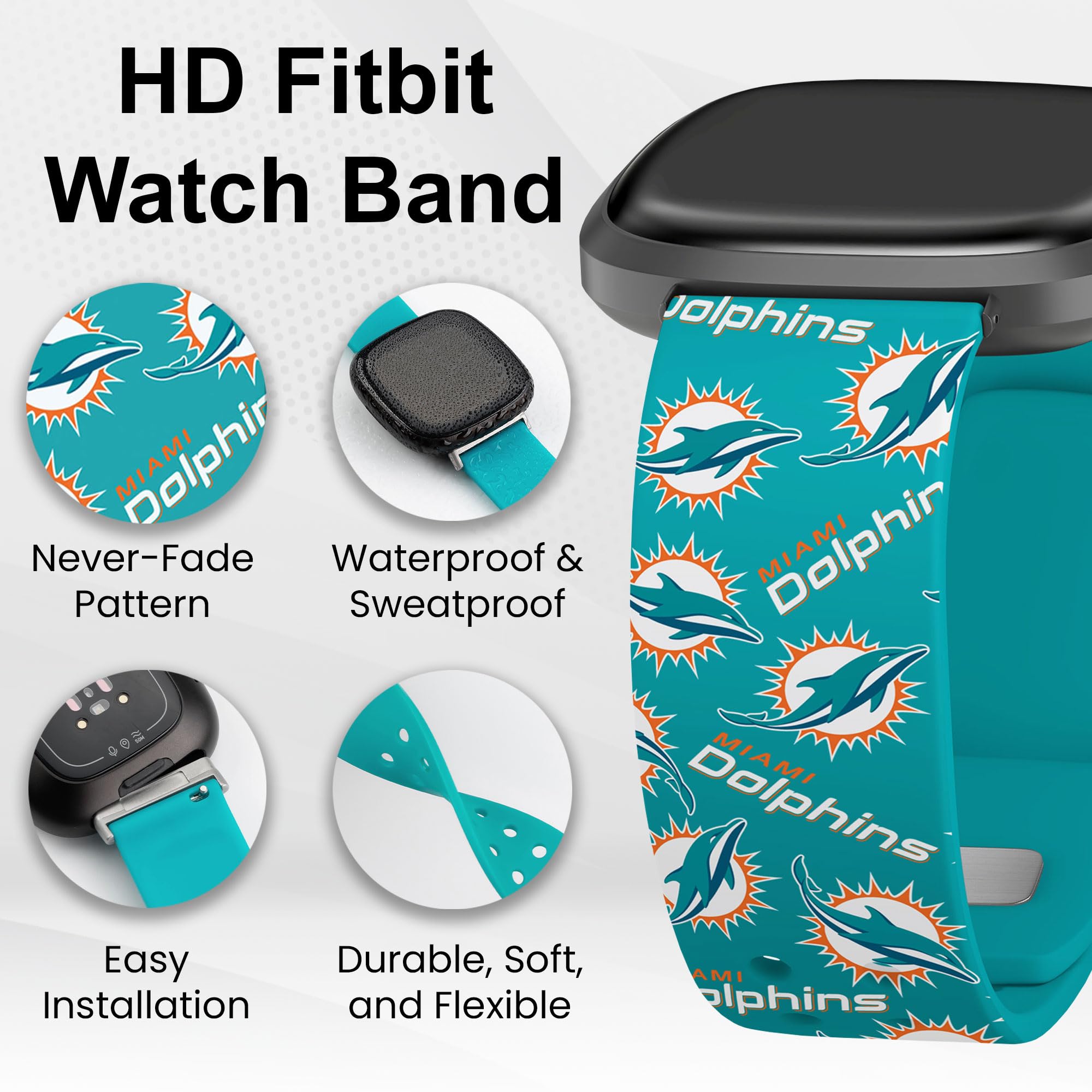 Miami Dolphins HD Watch Band Compatible with Fitbit Versa 3 & Sense (Long Teal Random)