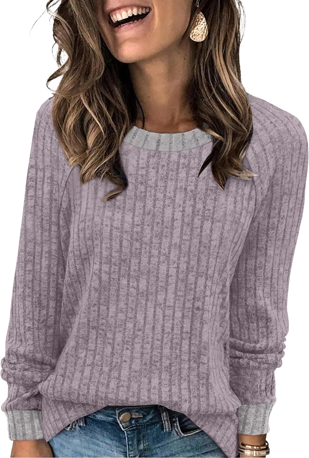 WIHOLL Long Sleeve Shirts for Women Lightweight Sweaters Fall Outfits 2026 Color Block Winter Clothing Dressy Casual Soft