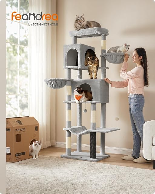 Foto 2 de 8 de Feandrea Árbol Grande para Gatos, Torre para Arañar de 190,7 cm de Altura, Multinivel con 2 Cuevas, 2 Cestas