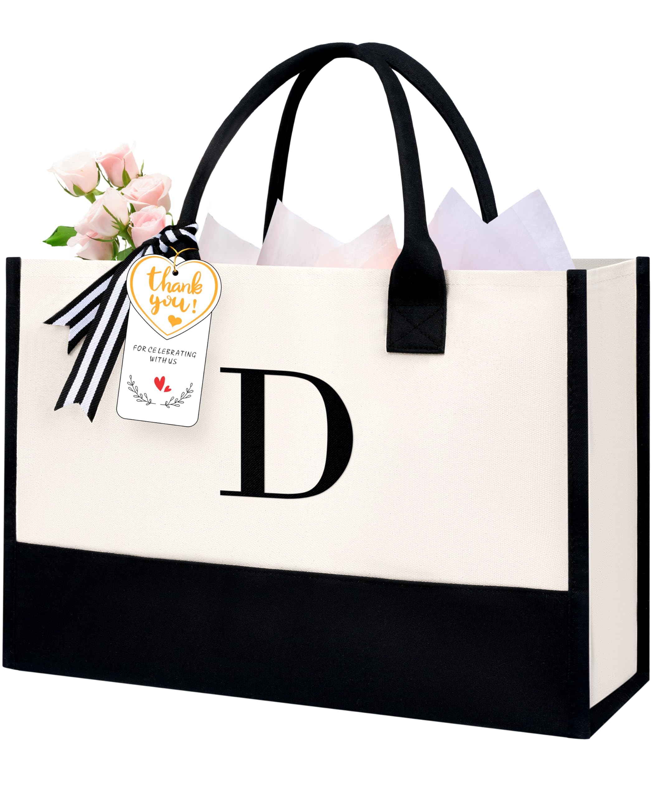 BAGAIL Initial Tote Bag, Personalized Birthday Gifts for Women, Teacher, Friends, Mom, Wedding, Monogrammed Beach Bag(Ivory-1pcs, D)
