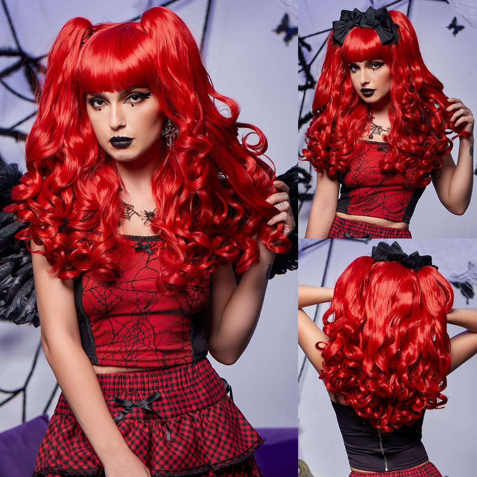 HAIRCUBE Long Curly Cosplay Wig with 2 Ponytails Pigtails Cute Wigs for Costume Party Halloween Christamas Wig (Red)