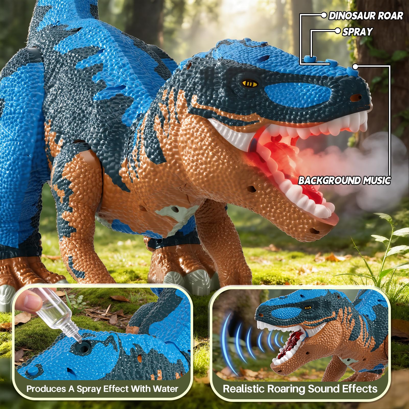 Figura de Dinosaurio de 24 Pulgadas con Ruedas Móviles, Rugido y Spray de Neblina – Cabeza y Cola Extraíbles, Contiene 10 Mini Dinosaurios – Juego Interactivo para Niños (Azul