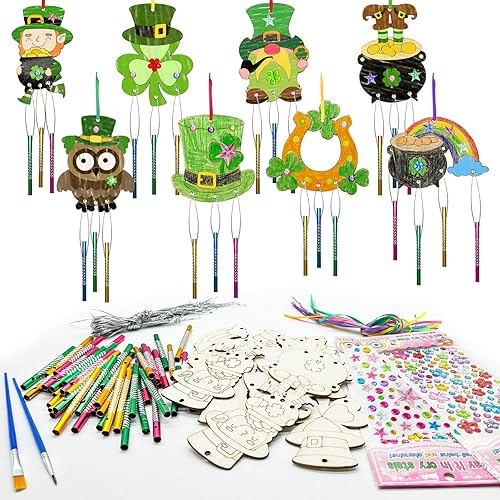 Cinrobiye 16 Pack St. Patricks Day Craft Wind Chimes Kit,Shamrock Lucky Wood Arts Crafts Saint Patricks Sunbathers DIY Coloring Craft Ornaments Decorations for Classroom Irish Party DIY Art Activity