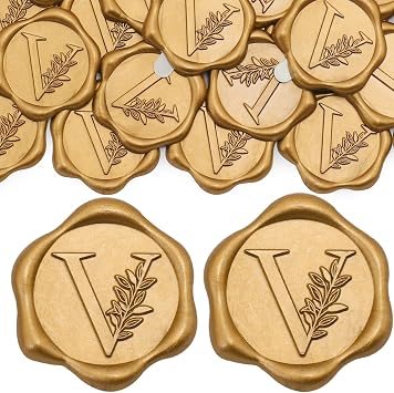 SWANGSA 100 Pack Letter V Wax Seal Stickers, Antique Gold Botanical Leaves Initial Alphabet Self-Adhesive Wax Stickers, Wedding Party Invitation Envelope Seals