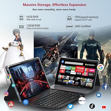11inch Android 15 Tablet,128GB ROM 16GB RAM Android Tablet,5G WiFi+4G Cellular,MTK8786 2.0Ghz Octa-Core Tableta,21MP Dual Camera,GPS,BT5.0,8000mAh,Tablets with Keyboard,4G LTE Tablets for T-Mobile
