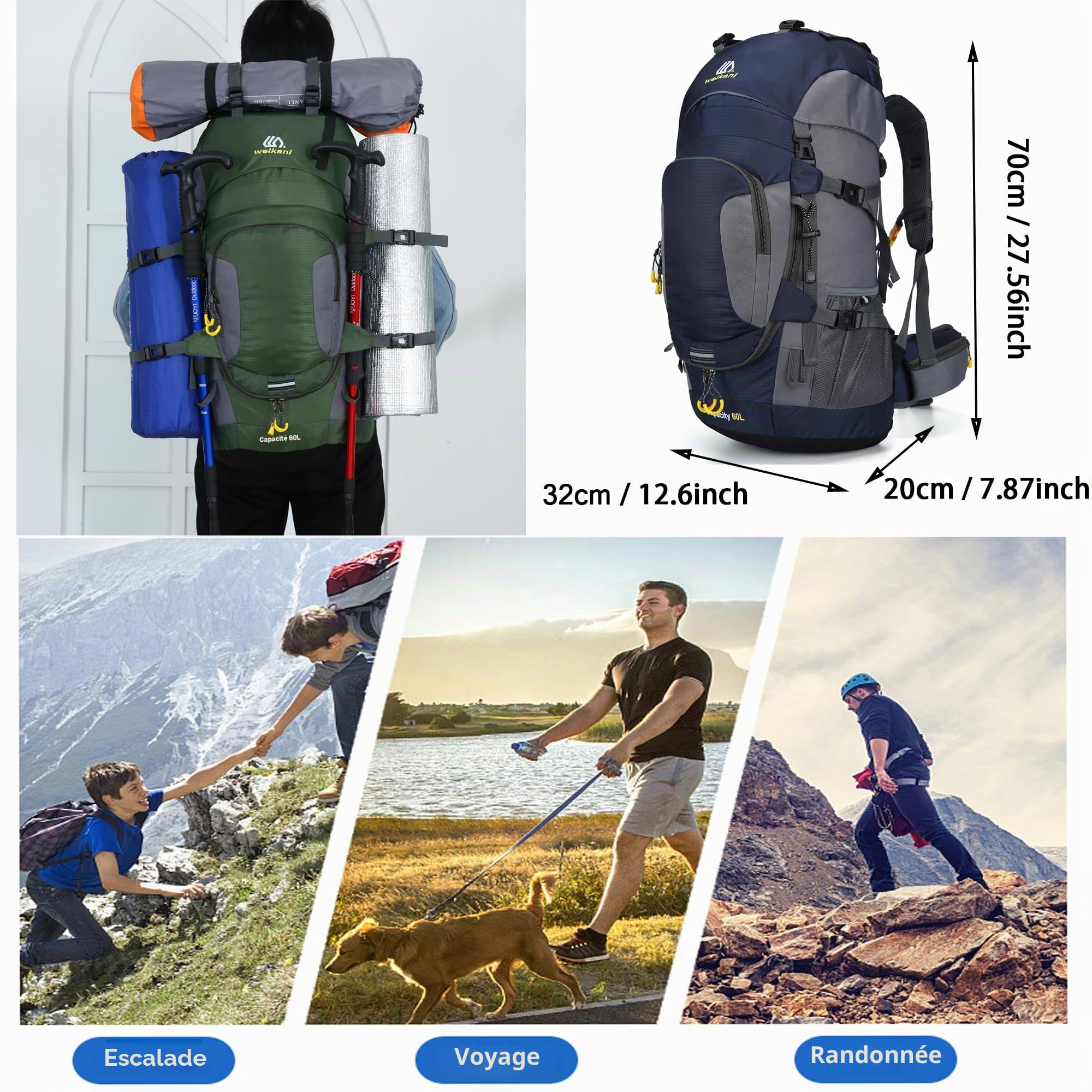 Sac à dos de randonnée de 60 l avec housse de pluie, imperméable, léger, grand sac à dos pour homme et femme, sac à dos de grande capacité pour randonnée, trekking, camping, sport