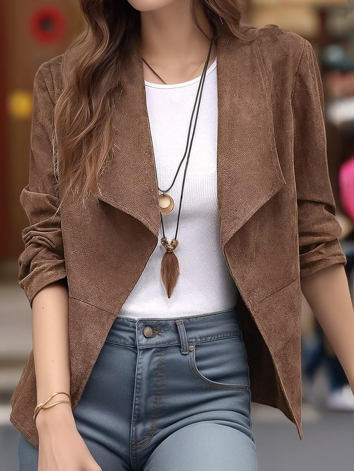 Flamingals Faux Suede Blazer for Women Lapel Collar Long Sleeve Cropped Jacket Faux Suede Jackets Casual Work Office Wear - Image 4