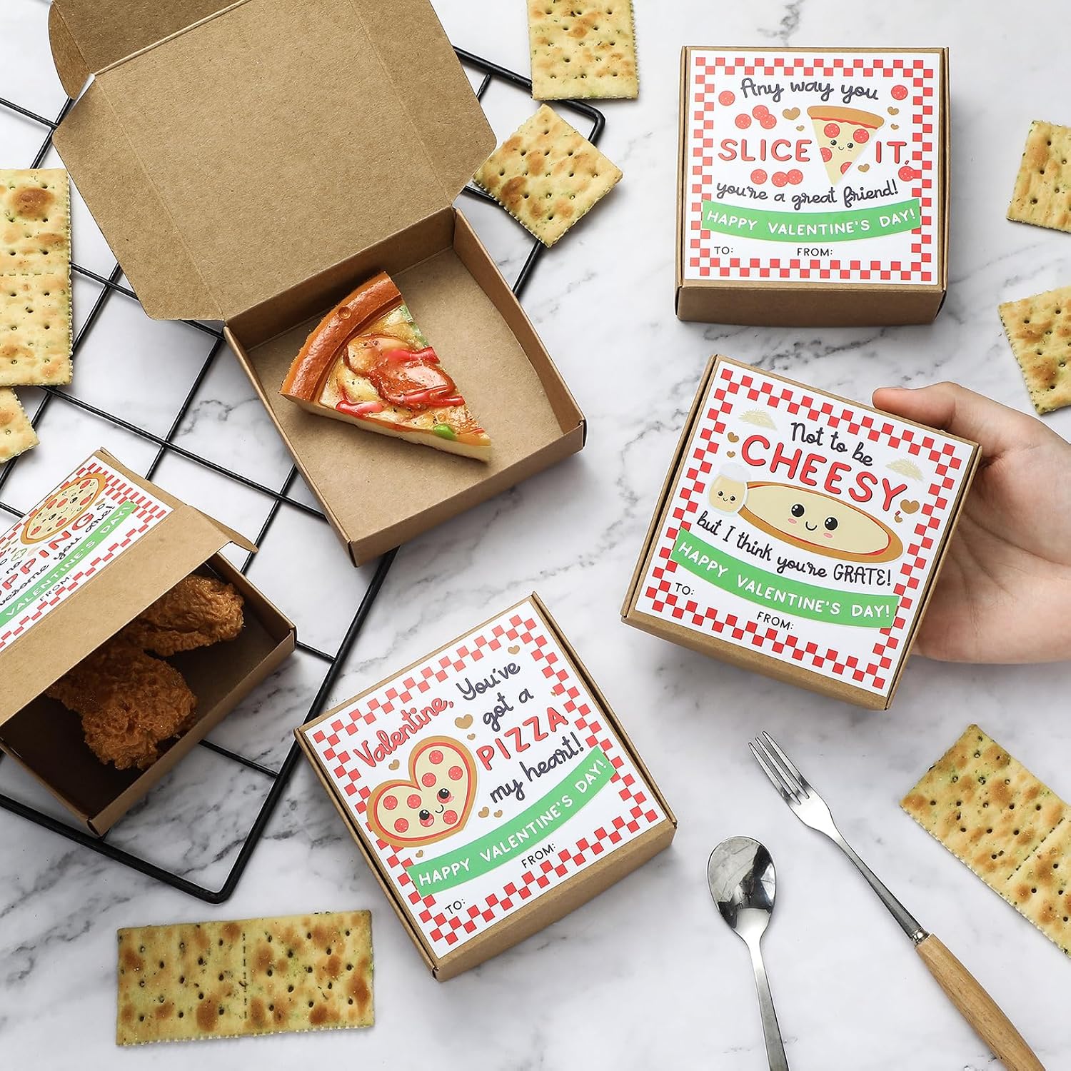 Nuogo 60 Pcs Valentine's Day Small Pizza Box 3.94 x 3.94 x 1.18 Inch Mini Pizza Box with Sticker Cookie Boxes Takeout Boxes for Valentine's Day Celebrations Picnic Birthdays Party Favors
