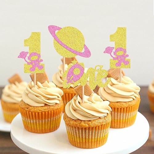 Miniatura 10 de Ercadio 1 paquete de decoración para tartas de niña espacial, luna, estrella, cohete, planeta, decoración de pasteles, espacio de feliz cumpleaños,