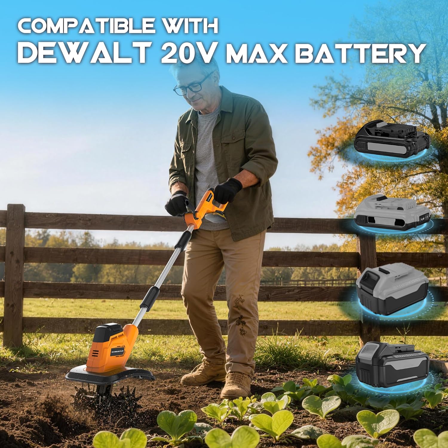 Cordless Tiller Cultivator (No Battery) Compatible with Dewalt 20V Max Battery, 9In Tilling Width & 6.3In Depth Tiller for Gardening, Loose Soil, Weeding, Trenchig