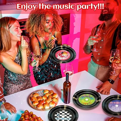 Miniatura 7 de FillTouch 60 platos de papel de disco de vinilo de 9 pulgadas de los años 50, decoraciones de fiesta de los años 50, platos desechables retro rock,