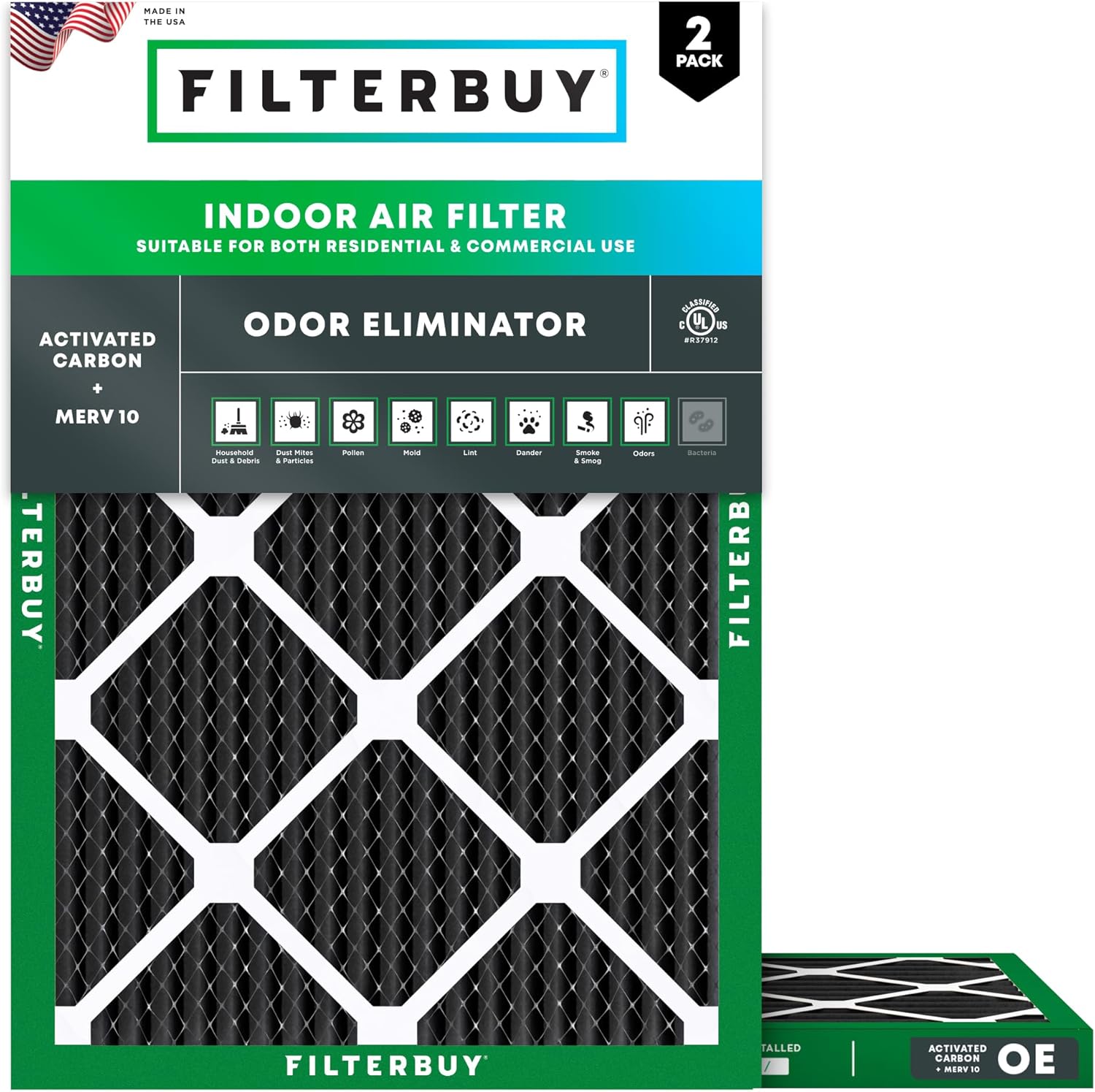 Filterbuy 14x18x1 Air Filter MERV 10 Odor & Allergy Defense with Activated Carbon (2-Pack), Electrostatic Pleated HVAC AC Furnace Filters Replacement (Actual Size: 13.50 x 17.50 x 0.75)