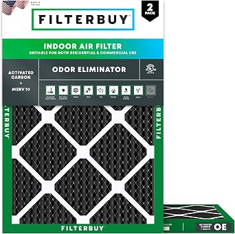 Filterbuy 20x25x1 Air Filter MERV 10 Odor & Allergy Defense with Activated Carbon 2-Pack, Electrostatic Pleated HVAC AC Furnace Filters Replacement, Made in USA Actual Size 19.50 x 24.50 x 0.75