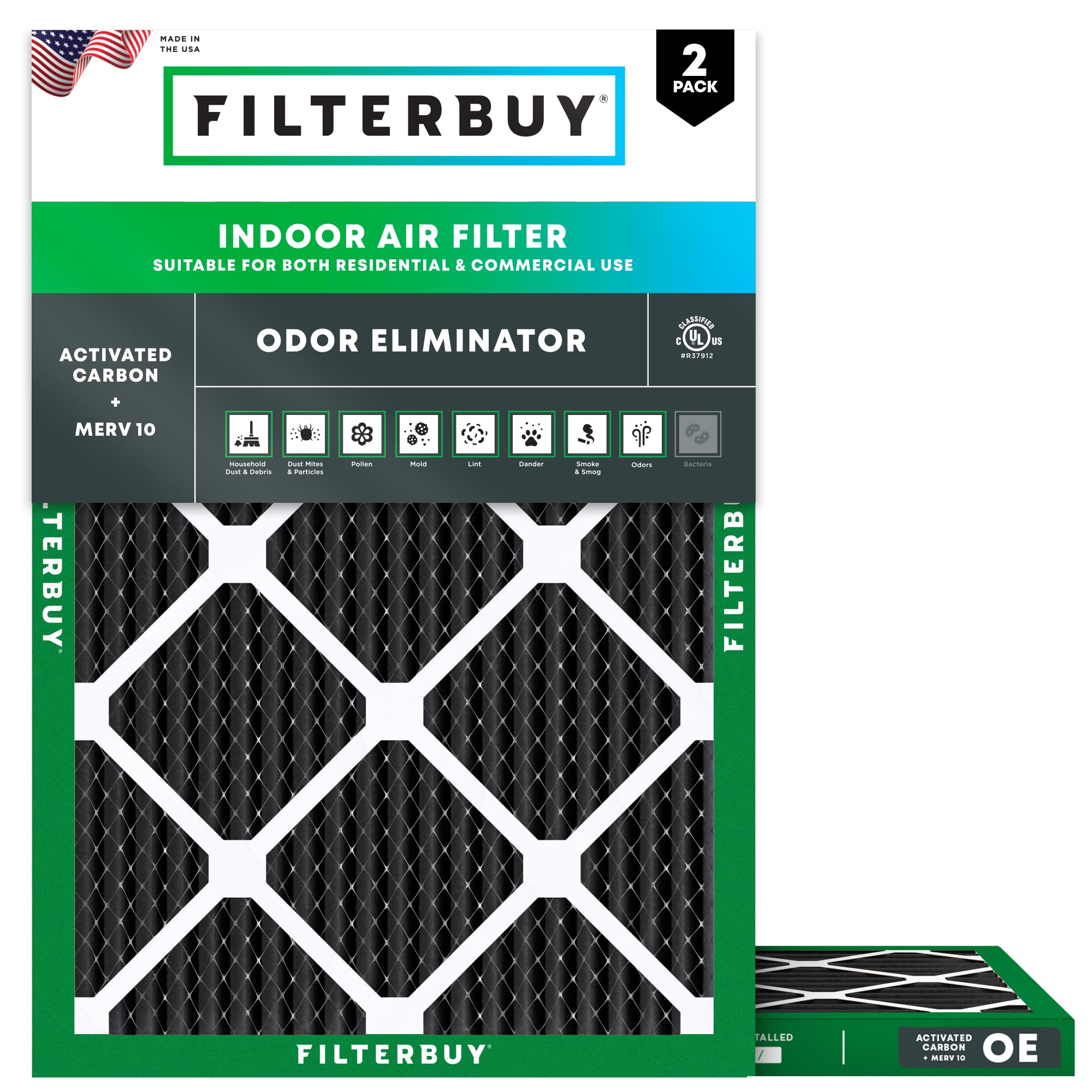 Filterbuy 15x20x1 Air Filter MERV 10 Odor & Allergy Defense with Activated Carbon (2-Pack), Electrostatic Pleated HVAC AC Furnace Filters Replacement