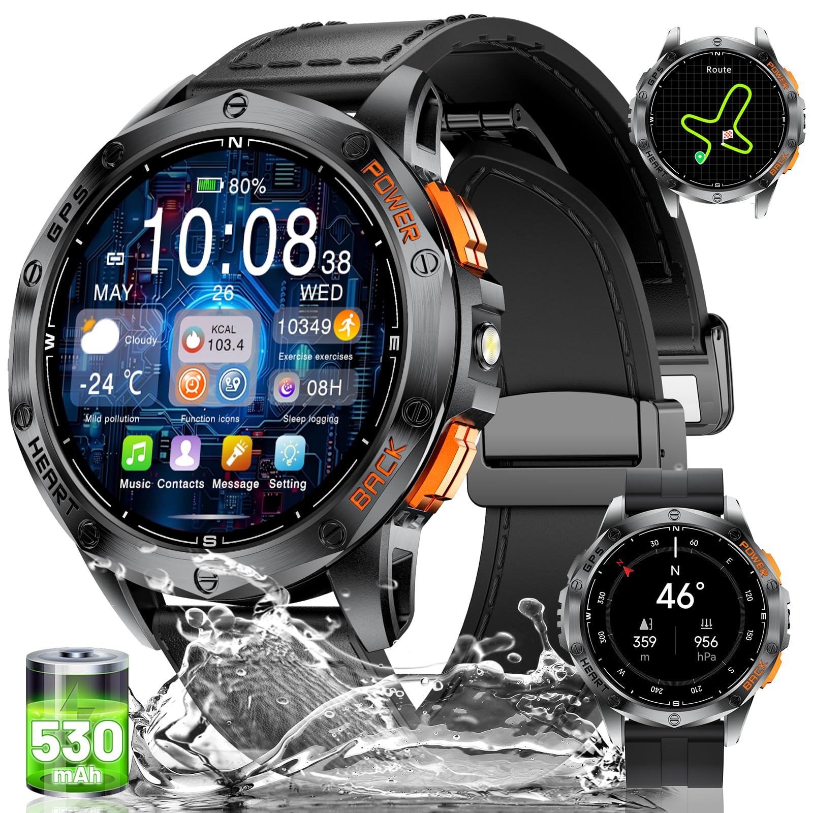 Montre Connectée Homme Avec Fonction Téléphone - Écran AMOLED 1,43", étanche, Tracker Sport/sommeil - Noire Acier