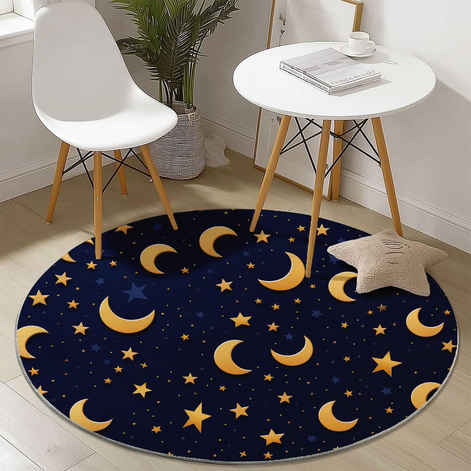 Tapis Rond en Flanelle Doux et Moelleux 120 cm, Mignon Lune Étoiles Motif imprimé, Or Bleu foncé Tapis Rond Antidérapant pour Salon Chambre Salle de Jeux Décoration Moderne