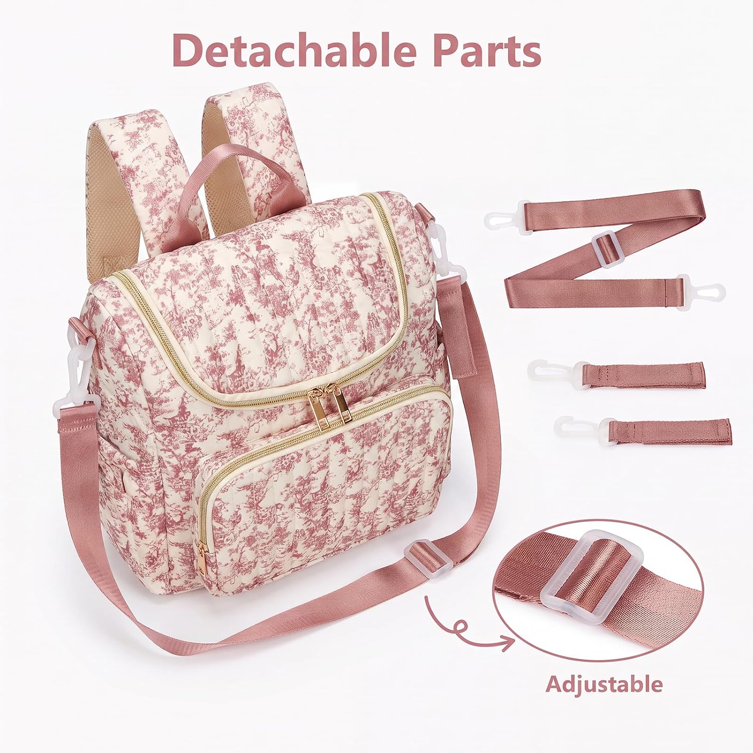 Quilted Diaper Bag Backpack Large Floral Puffy Backpack Multi-compartment Baby Storage Backpack for Mom Travel Hospital