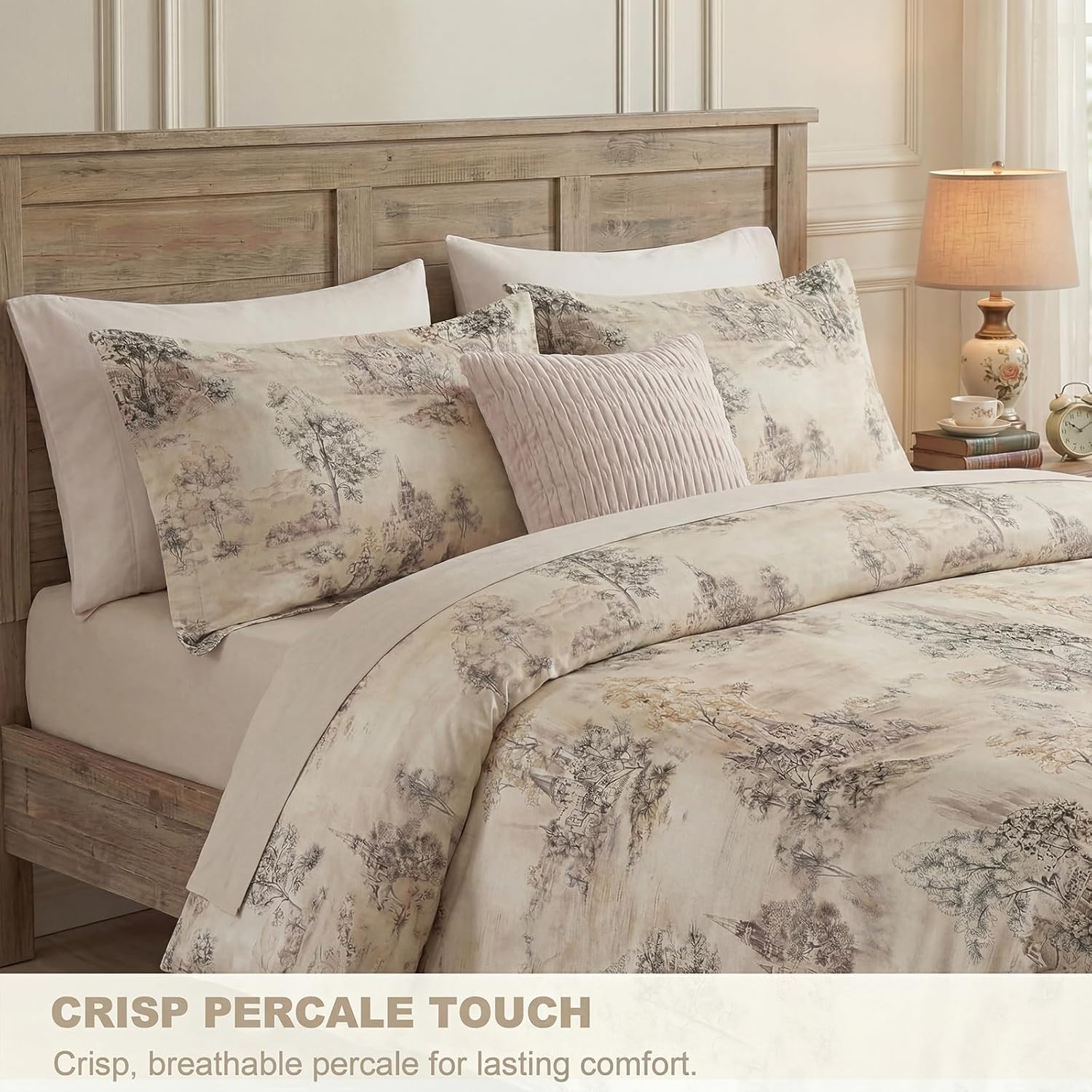 Bedding_Dreamer French Country Duvet Cover Set King, 100% Cotton 3-Piece Pastoral Landscape Bedding in Muted Blue & Cream, Soft 200TC Twill Cotton with 8 Corner Ties & Dual Zipper