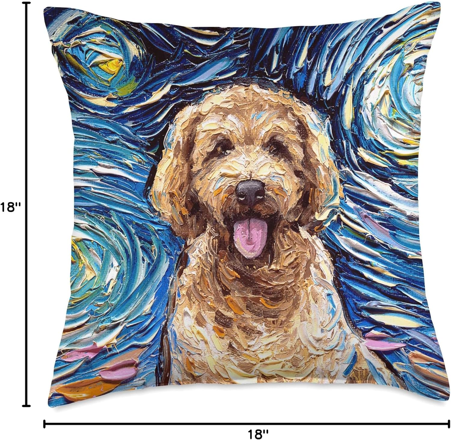 Cute Goldendoodle Starry Night Doodle Dog Art by Aja Throw Pillow