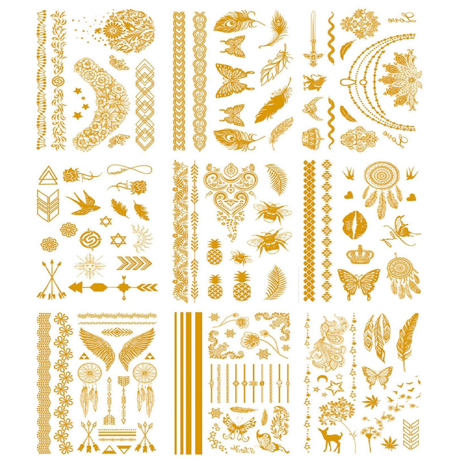 YEJAHY 9 hojas de más de 125 tatuajes con flash dorado para adultos, tatuajes temporales para mujeres, tatuajes para festivales, tatuajes temporales impermeables para carnaval