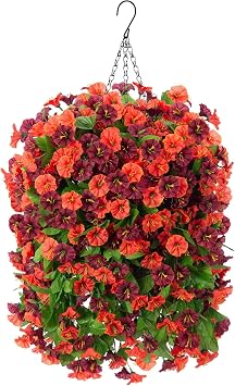 INXUGAO Fake Fall Artificial Outdoor Flowers Plants with Hanging Basket | 4pcs Realistic Silk Morning Glory, Faux Long Vines Petunia, Garden Patio Front Porch Decor, Orange Brown