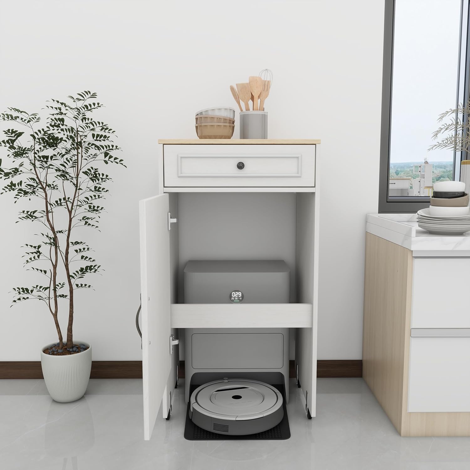 Antique White Robot Vacuum Stand Cabinet with Wheels, Storage Rack with 1 Drawer 1 Door, Side Table for Living Room, Office, Kitchen – Compact Stylish (1 Drawers + 1 Doors)