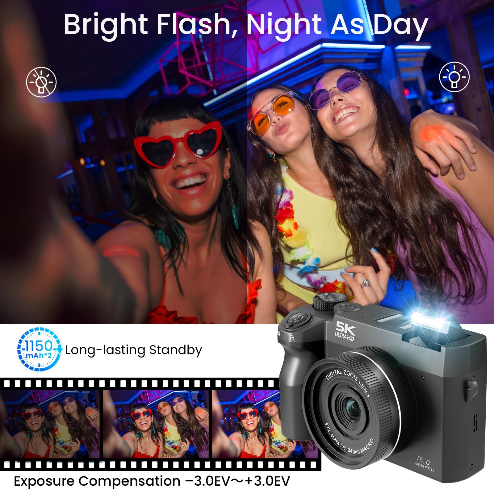 SOPPY Cámara digital 5K, cámara selfie mejorada de 75 MP con función WiFi para Youtube, zoom digital de 16X, cámara digital compacta con tarjeta de 32 GB, 2 baterías, compacta para niños, adolescentes