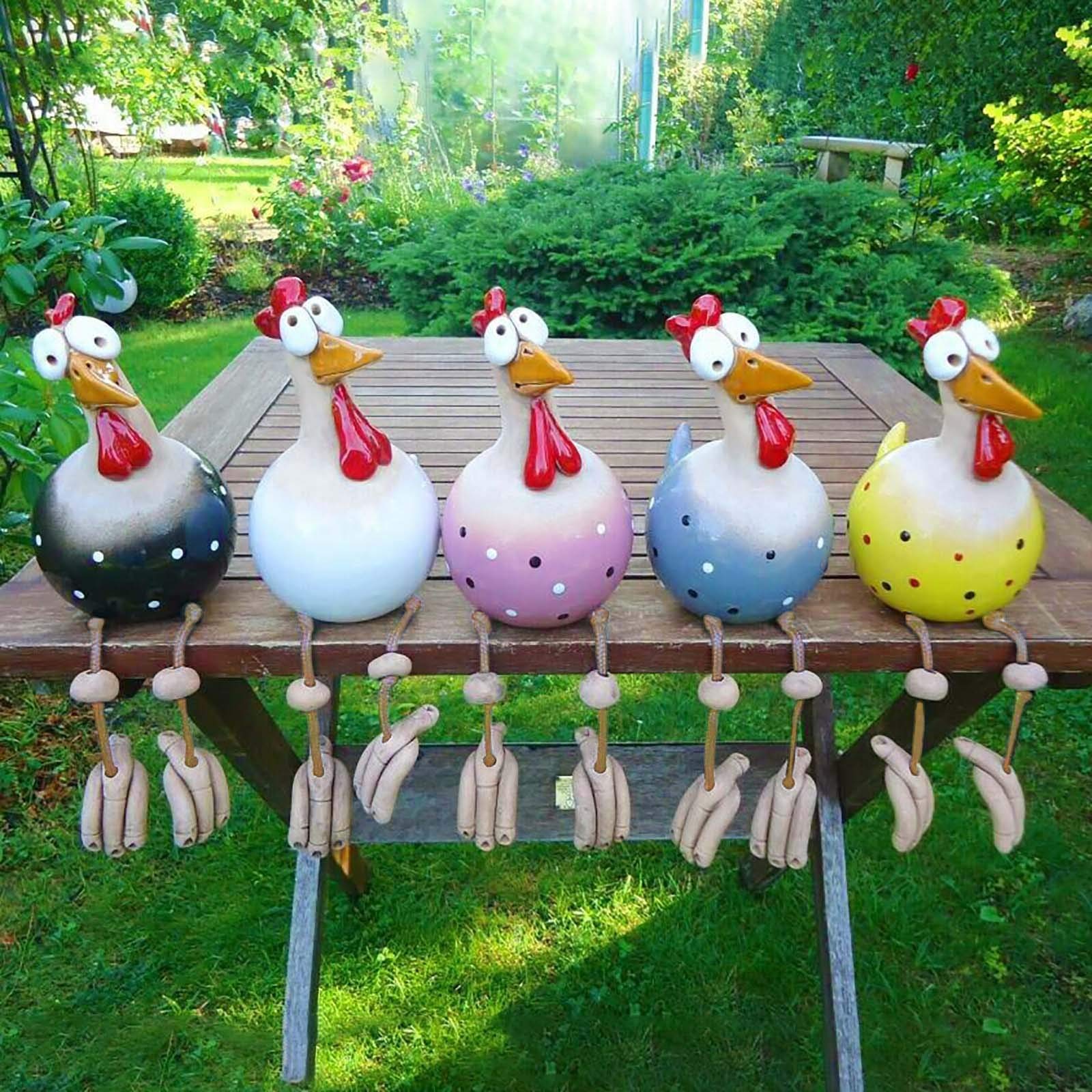 Errcom 5Pcs Ceramic Chicken Garden Decoration, Animal Figurine, Garden Stake, Handmade Ornament, Chicken Decoration, Decorative Hen Chicken Garden