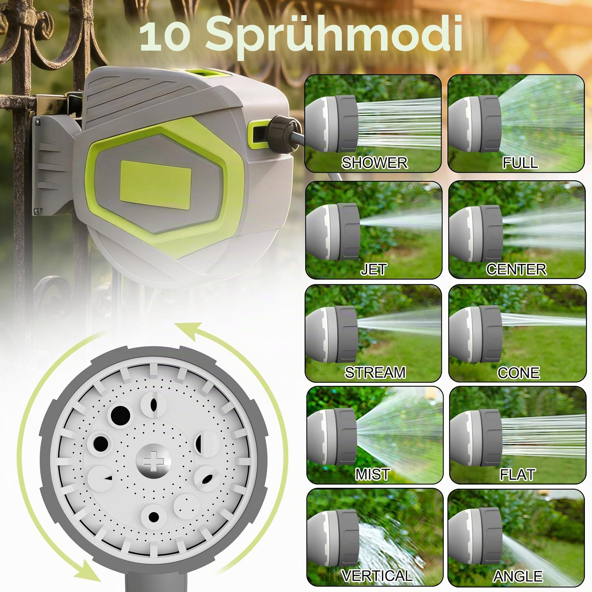 YRHome 30m Gartenschlauch Schlauchtrommel Wandmontage, Automatik Aufrollfunktion, 10 Funktionen Sprühdüse, 180° schwenkbar, Schlauchbox Wandschlauchhalter Wasserschlauchaufroller, Grau & Gelb