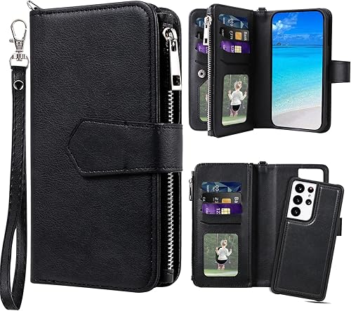 Miniatura 8 de Funda para Galaxy S21 Ultra, funda magnética desmontable 2 en 1, funda de piel sintética con tarjetero para Samsung Galaxy S21 Ultra, color negro