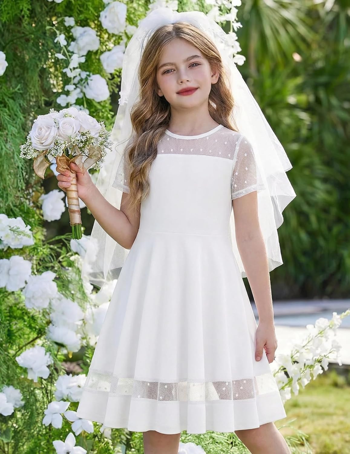 Arshiner Tween Girls Dress Formal Contrast Mesh Short Sleeve A Line Party Dresses with Pockets for 5-12 Years