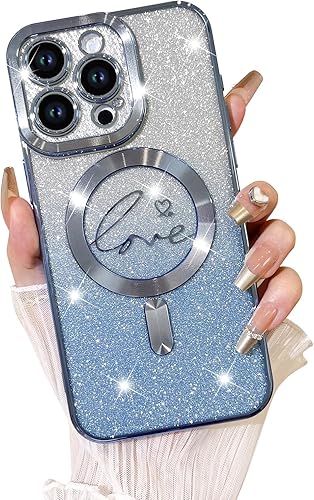 Vista 391 de Fiyart - Funda transparente magnética con purpurina para iPhone 12 para mujeres, con grabado "Love" metálico, protección para cámara y antigolpes