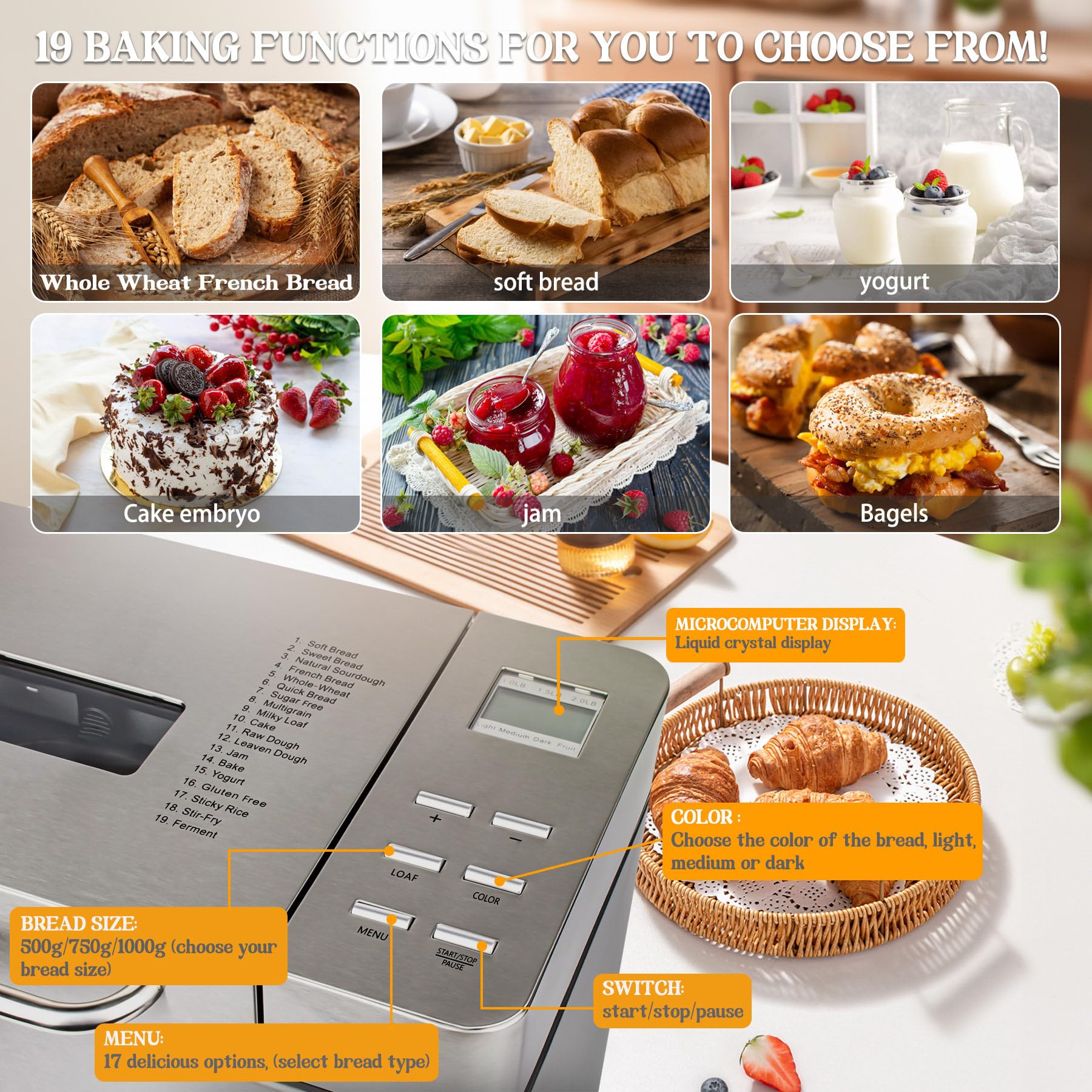 Máquina de Pan de Acero Inoxidable, panificadora 17 en 1 de 2 Libras con dispensador de Frutos Secos, sartén de cerámica Antiadherente y Panel táctil Digital, 3 tamaños de Pan