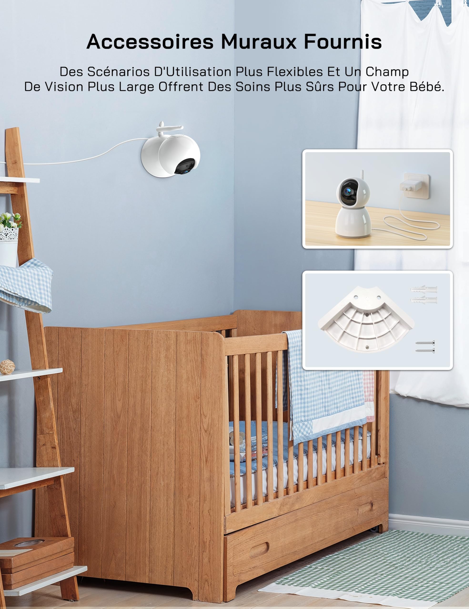 WOLFANG 1080P Babyphone Camera, Écran 5 pouces 720P, Camera Bebe Surveillance avec Rotation et Zoom à 360°, Pas de WiFi, Vision Nocturne, Conversation Bidirectionnelle, Température, Détection des Cris