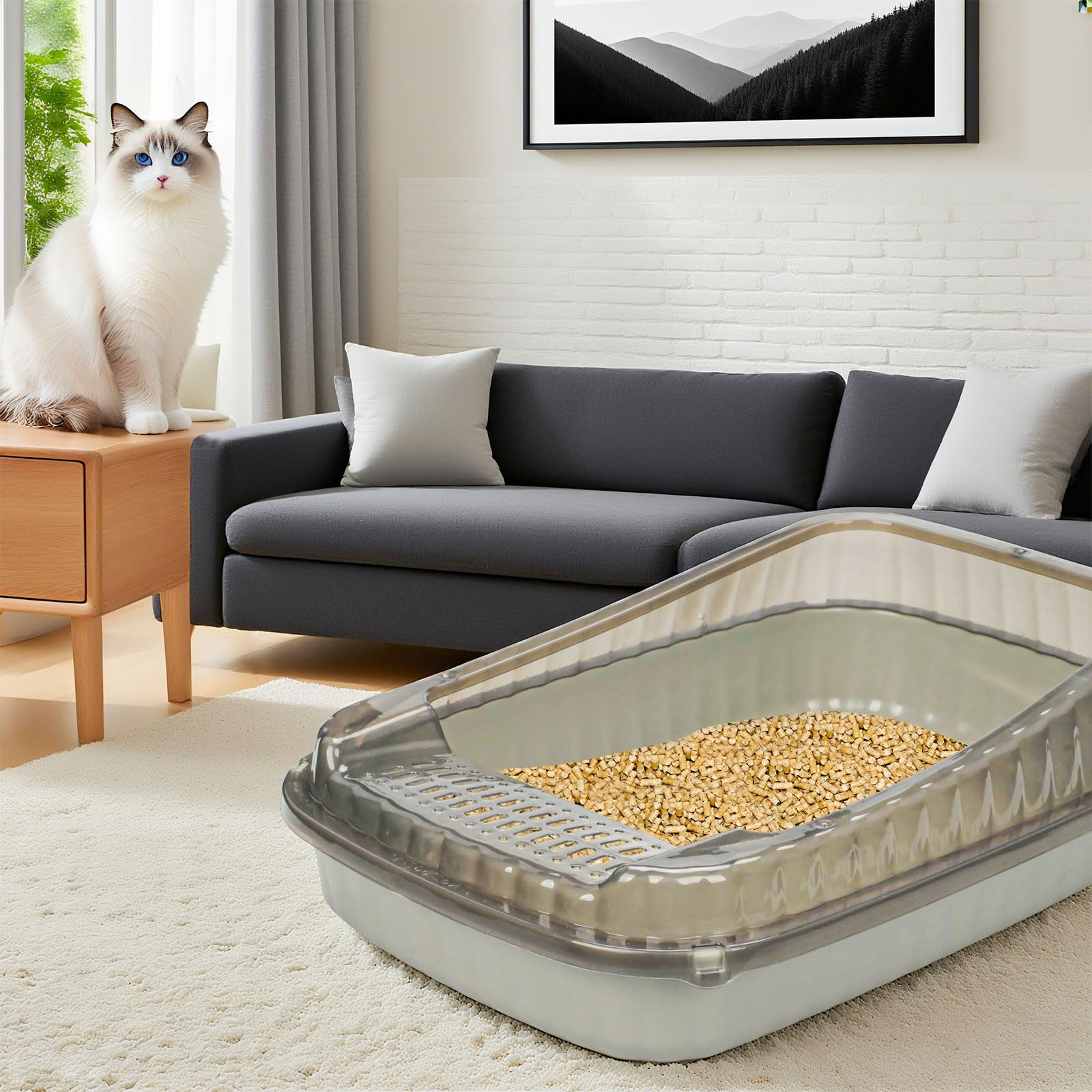 Litière pour Chat Delio avec Rebord - Gris, Blanc avec Motif imprimé, Semi Ouverte - Anti-éclaboussure