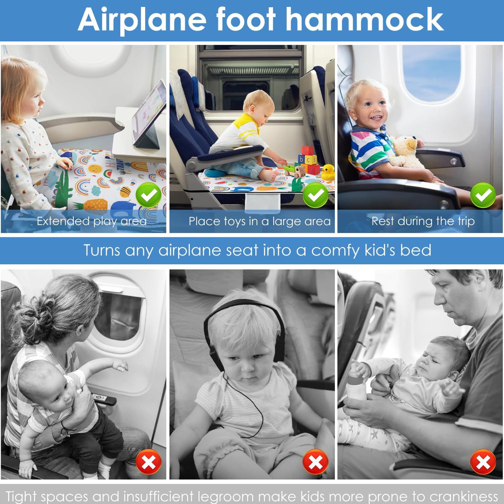 Lit Avion Bébé,Prolongateur de Siège Avion Lit de Voyage pour Jeunes Voyageurs - Hamac de Voyage Pliable pour Garçons Filles Plage Camping Croisière Trains