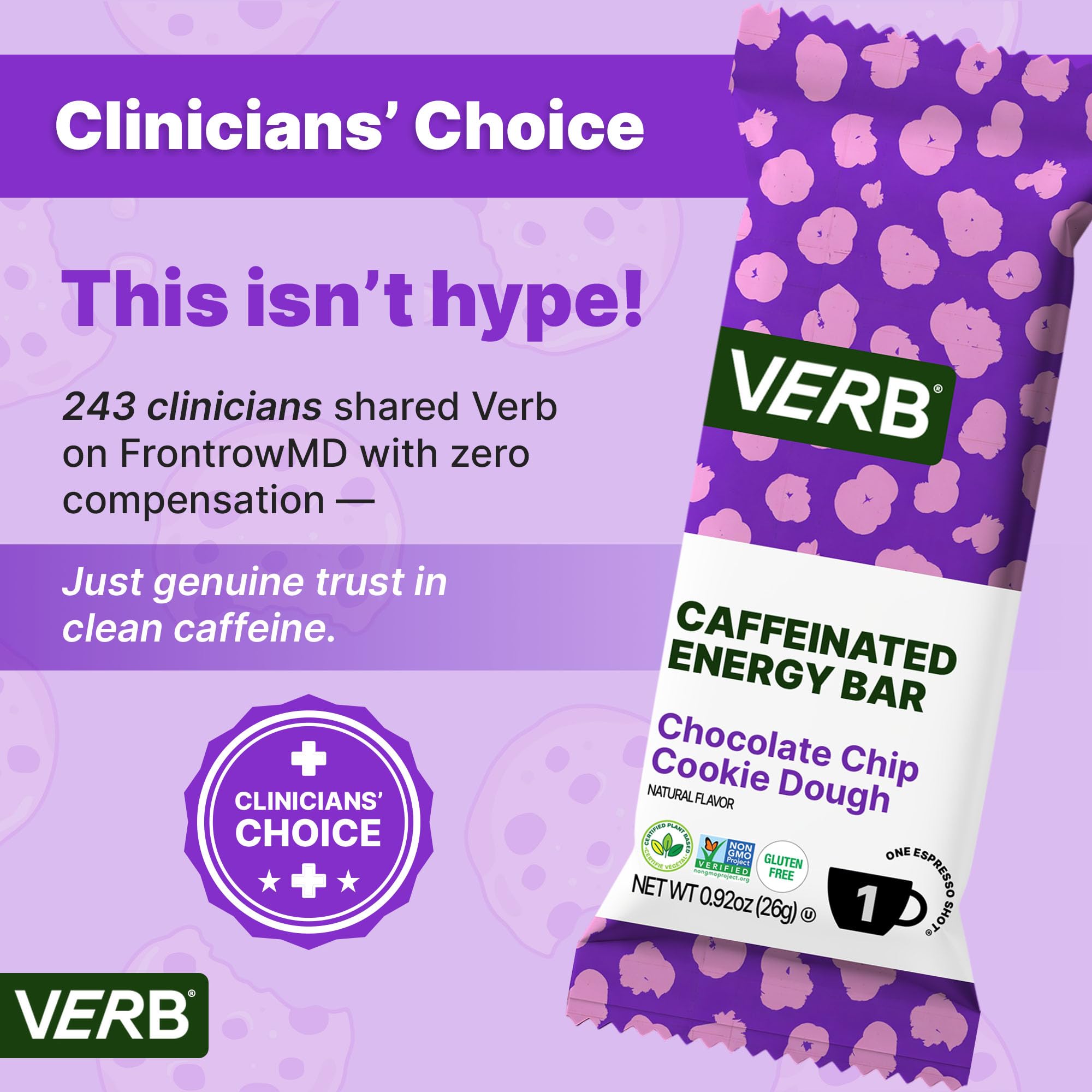 Amazon.com : Verb Caffeinated Energy Bars Chocolate Chip Cookie Dough (26g,  Pack of 16) 110-Calorie Delicious Energy Bar, Gluten Free On-the Go Snack  with 80mg Green Tea Caffeine, Only Real-Food Ingredients :
