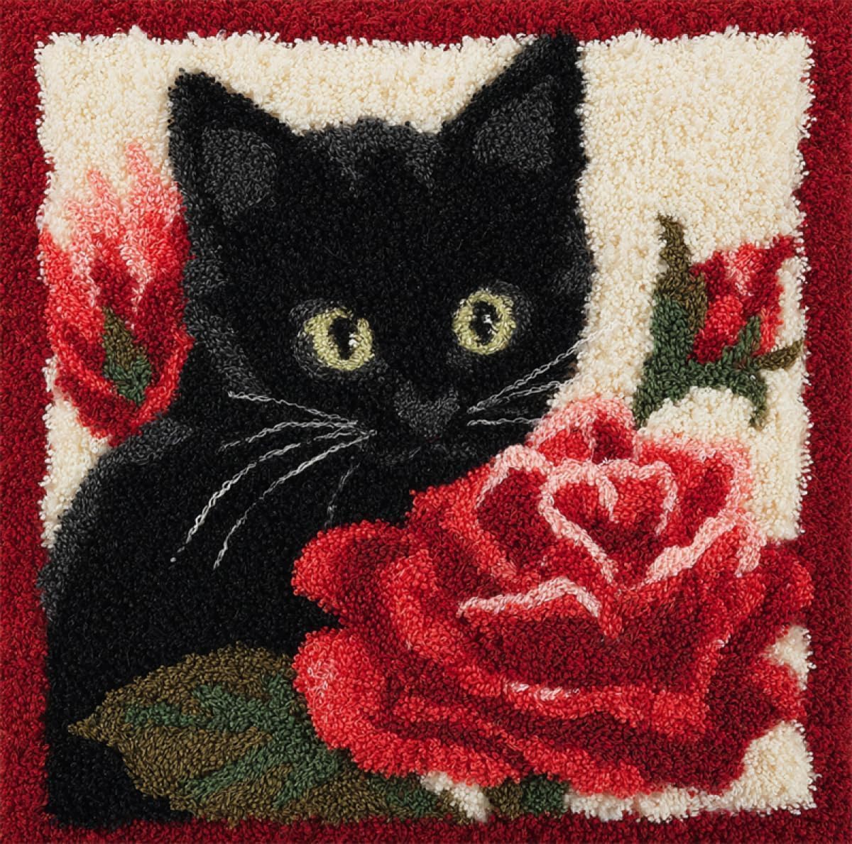 FWRTYCB Latch Hook Pillow Case Kits,Black Cat and Roses Latch Hook Kits Cu