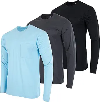 Real Essentials 3 Pack: Men's Cotton Performance Long Sleeve Crew Neck Pocket T-Shirt Athletic Top (Available in Big & Tall)