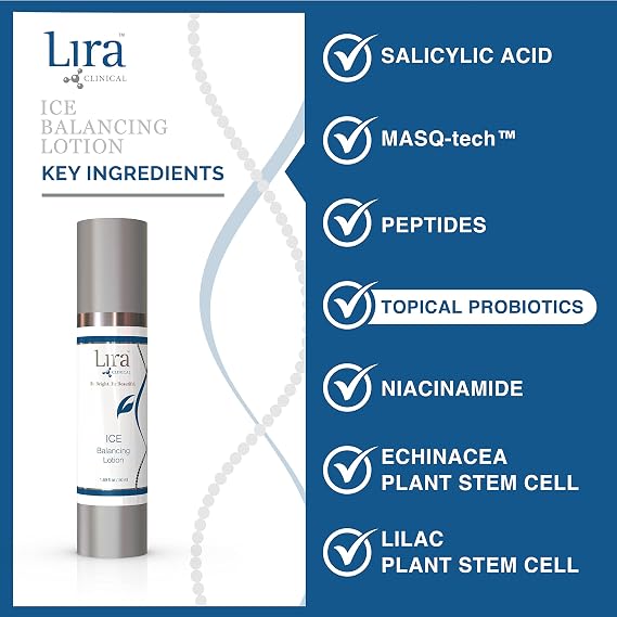 لوشن Lira Clinical ICE Balancing Lotion - مرطب خفيف الوزن للتحكم في الزيوت في الوجه مع النياسيناميد وحمض الساليسيليك - مرطب متوازن يومي للبشرة - كريم لطيف مهدئ ومبرد - 50 مل