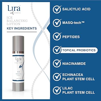 لوشن Lira Clinical ICE Balancing Lotion - مرطب خفيف الوزن للتحكم في الزيوت في الوجه مع النياسيناميد وحمض الساليسيليك - مرطب متوازن يومي للبشرة - كريم لطيف مهدئ ومبرد - 50 مل