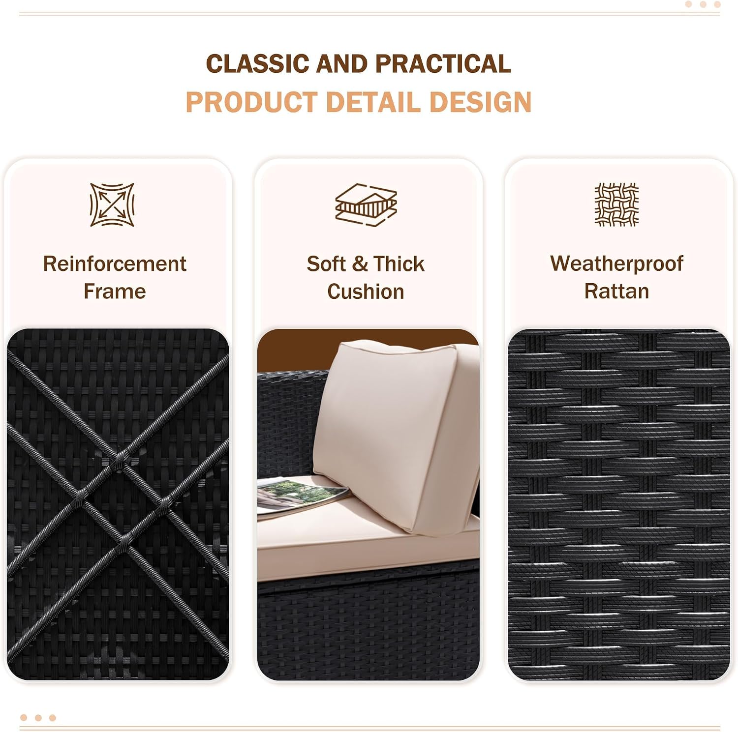 Product detail design showing reinforcement frame, soft thick cushion, and weatherproof rattan